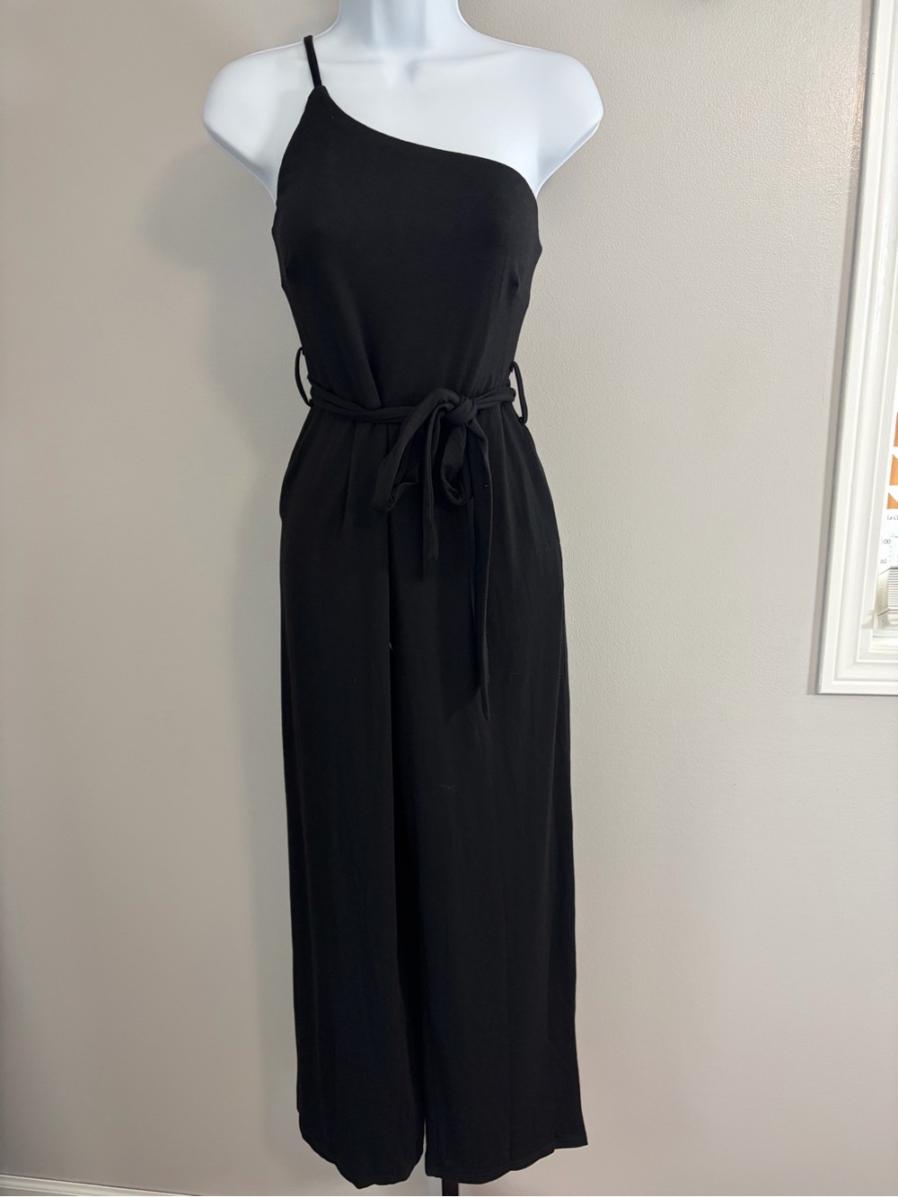 NWOT Elings-  One-Shoulder Black Jumpsuit with Tie Waist - Picture 14 of 16